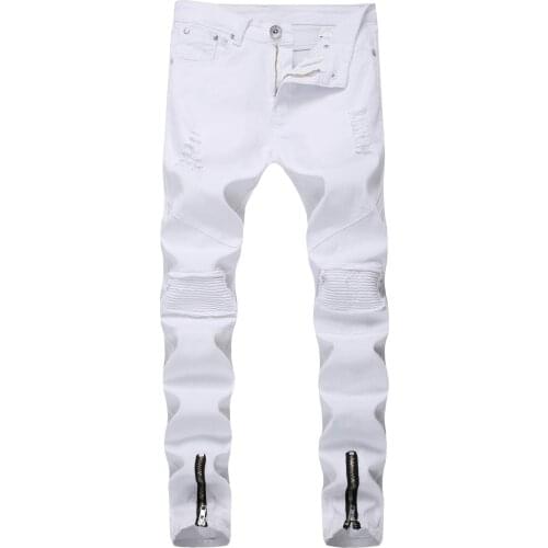 Mens Jeans White Feet Slim Hole Locomotive Mens Casual Skinny Jeans Men Pants Ripped Jeans