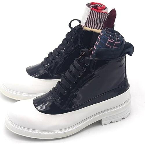New White Black Patent leather High top Martin Boots Lace up Fashion Hot High quality casual Mens Ankle Booties Shoes