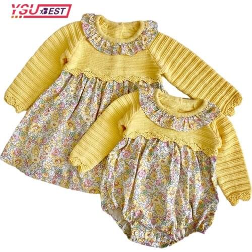 2021 Sisters Clothes Girls Knitted Rompers Kid Sweaters Autumn Baby Girls Cute Flowers Dress Baby Child Knitted Rompers Outwear