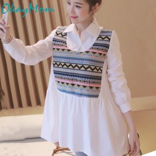 OkayMom Spring Maternity Blouse Shirts Korean OL White Loose Tops Tees For Pregnant Women Pregnancy Wear Spring Shirt Clothes