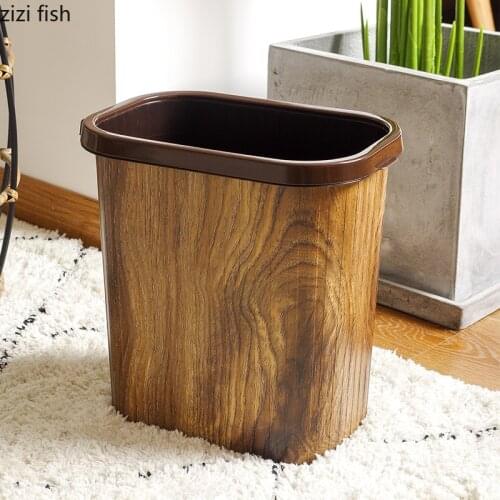 Retro Imitation Wood Grain Plastic Trash Can Wastebasket Round Rectangle Garbage Can Waste Bins Kitchen Trash Bin Garbage Bin