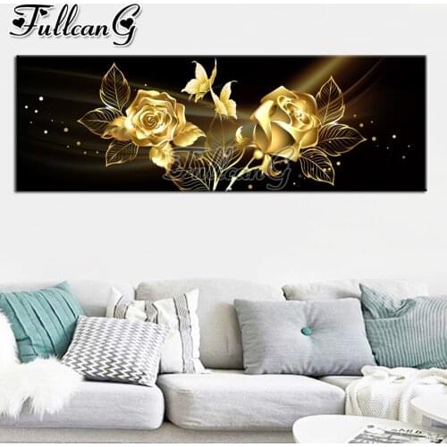 FULLCANG Golden rose flowers diy 5d full square round drill diamond embroidery large mosaic painting home decoration FC3047