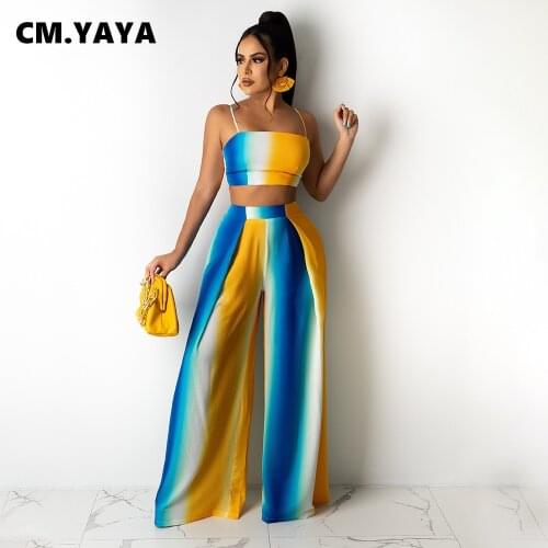 CM.YAYA Women Set Gradient Striped Spaghetti Strap Crop Tops Wide Leg Long Pants 2 Two Piece Sets Active Tracksuit Outfit Summer