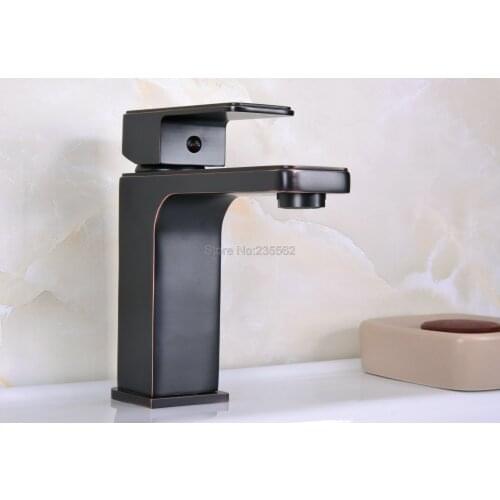 Modern Style Square Black Oil Brass Single Hole Bathroom Wash Basin Faucet Mixer Tap Lnf664