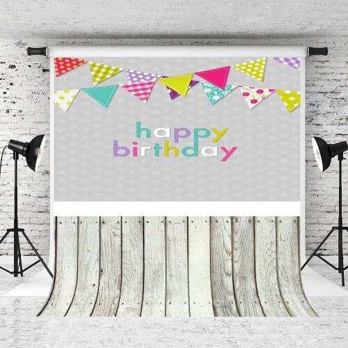 VinylBDS Customize Happy Birthday Photography Colorful Flags Backdrop Photography Wood Floor Photography For Baby Photo Bckdrop