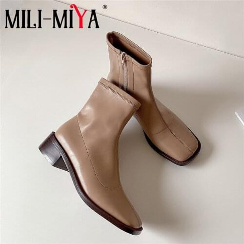 MILI-MIYA New Arrival Women Solid Color Cow Leather Leather Ankle Boots Zipper Fashion Square Toe Square Heels Size 34-40