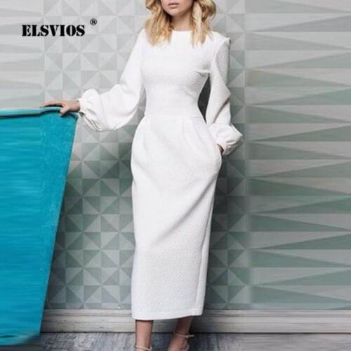 ELSVIOS Elegant Solid Lantern Long Sleeve Slim Fit Bodycon Dress Women casual O Neck Solid Midi Dress Office Lady Autumn Dress