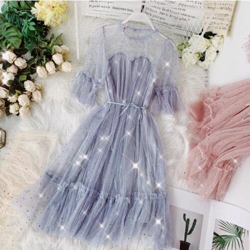 Fashion Sequined Fairy Dress Women 2021 Summer Elegant O-neck Gauze Princess Puff Dress Vintage Puff Sleeve Solid Midi Dresses