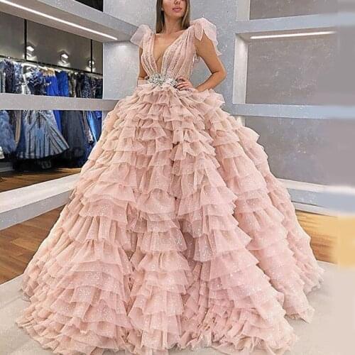 2021 A Line Evening Dresses Deep V Neck Sleeveless Bow Tiered Beads Crystals Sequins Tulle Prom Dress Floor Length Special Occas