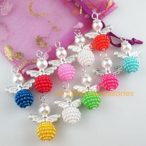 10Pcs Silver Plated Angel Mixed Acrylic Waxberry Ball Charms Pendants 21x32mm