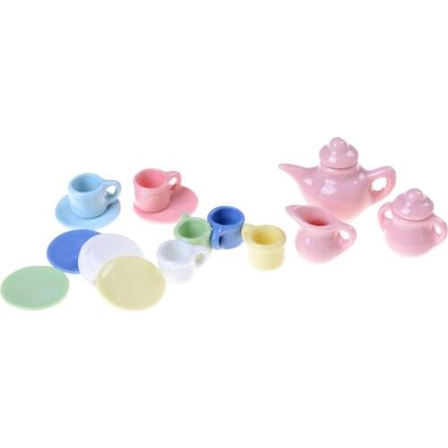15Pcs 1:12 Doll House Tableware Porcelain Miniature Tea Sets Mini Teapot Coffee Plate Miniature Tea Cups Set China Dining Ware