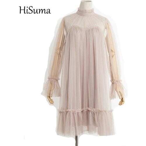 2019 spring new female o-neck flare sleeve gauze ruffles hem loose pleated dress womens elegant fairy doll dresses