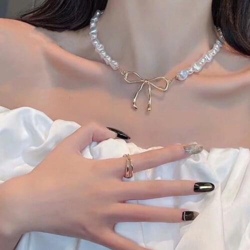 Bowknot Imitation Pearl Choker Necklace Womens Girl Chain Necklace Jewelry