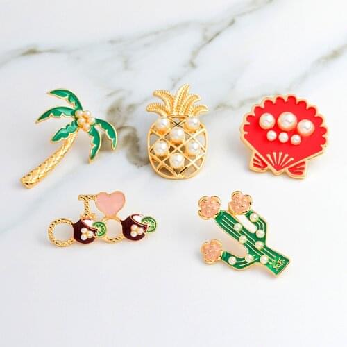 Cactus Flower Pearl Coconut Pineapple Shell Brooch I LOVE COCO Plant Fruit Enamel Pin Coat Backpack Badge Friends Gifts
