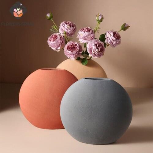Nordic Ceramic Vase Modern Home Dried Flower Decoration Crafts Flat Round Tabletop Flower Pot Morandi Color Creative Vase Gift