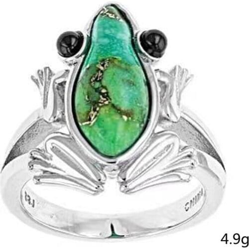 Unisex Unique Lovely Jumping Frog Exaggerated Ring Silver Plated Green Gemstone Insect Rings for Men Women Punk Party Jewelry