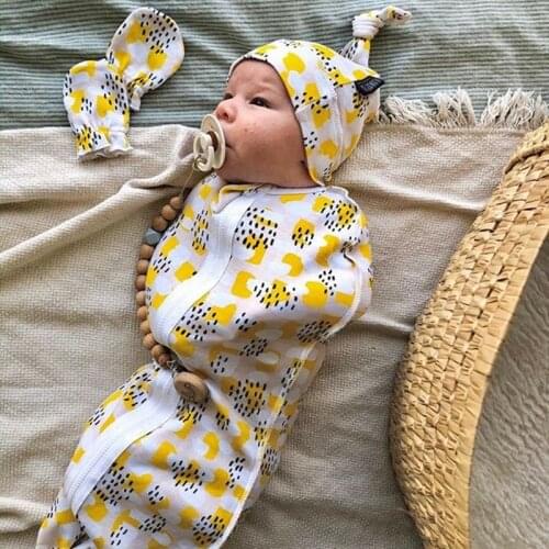 2Pcs Set Newborn Baby Cute Soft Cotton Sleeping Bag Muslin Blanket Cartoon Zipper Toddler Infant Swaddle Wrap+Hat Autumn Swaddle