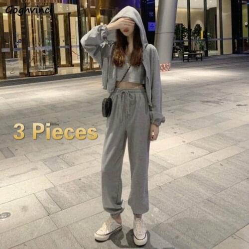 Women Sets Hooded Zipper Short Style Tops Solid Drawstring Stretchy Baggy Casual Straight Trousers Fashion 3 Pieces Trendy Slim