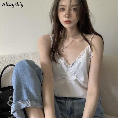Camisole Women Thin Solid Color Simple Lace Crop Top Ladies Fairy All-match Girls Korean Sweet Breathable V-neck Sexy Clothing