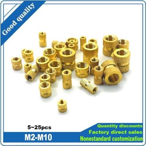 5/10/25pcs M2 M2.5 M3 M4 M5 M6 M8 M10 Solid Brass Pure Copper Metric Thread Injection Molding Knurl Insert Nut Nutsert Embedded