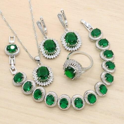 New Arrivals Green Cubic Zircon Silver Color Jewelry Sets For Women Wedding Earrings Pendant Necklace Bracelet Ring Birthday