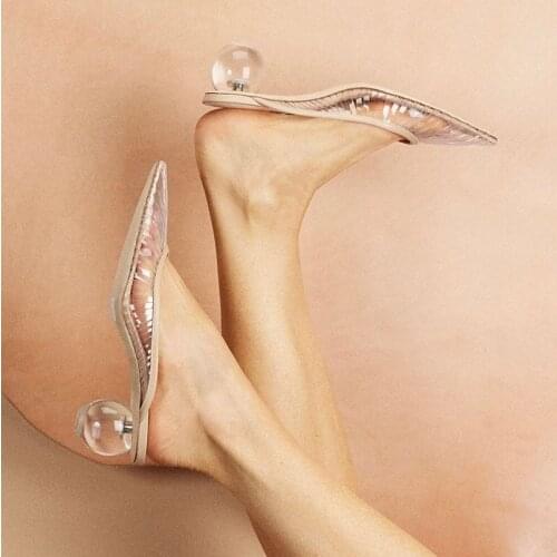 Sexy Transparent PVC Ladies Crystal Ball Heels Slipper Women Lucency Heels Point Toe Summer Runway Slingbacks Muller Shoes