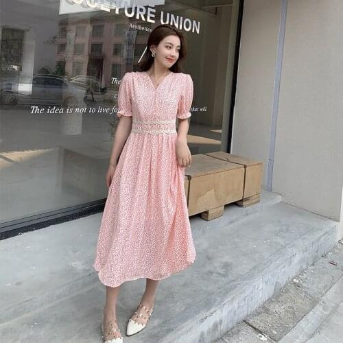 Korean New Chiffon Floral Dress Women Fairy Elastic Waist Short Sleeve Long Dress Women Printed V-neck Lace Dress Female