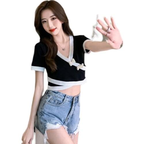 Temperament Slim Summer Short Sleeve V Neck Knitted Tops Contrast Color Pullovers Sweaters Lady Fashion Chic Korea Short TShirts