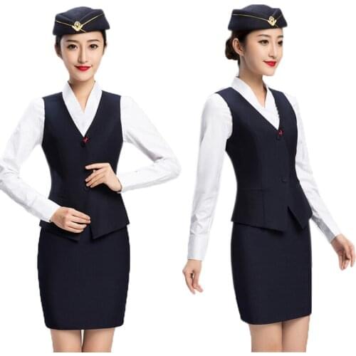 Airline Stewardess Lady Flight Hotel Uniform Women Suits Work Wear Reception Uniforms White Blouse,Vest ,Skirt Suits