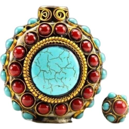 Vintage Handmade Tibetan Turquoise Coral Beads Snuff Bottle