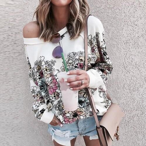 Women Fashion Autumn Sexy Off Shoulder Floral Long Sleeve O-neck T-Shirt Casual Lady Women Tops