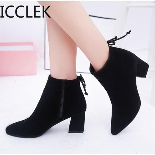 Women Ankle Boots 2020 Black Flock Winter Fashion Med High Heel Boots for Ladies Pointed Toe Plus Size Women Shoes