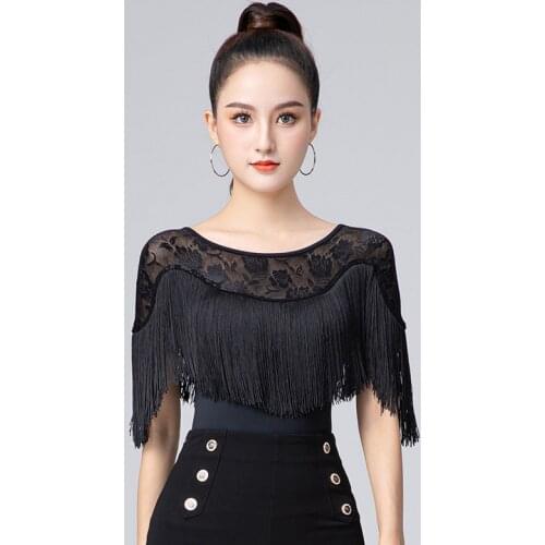 Women Latin Dance Mesh Tassels Clothes Female Adult Sexy Tops Profession Performance Clothing Ballroom Samba Dancing Shirt Black