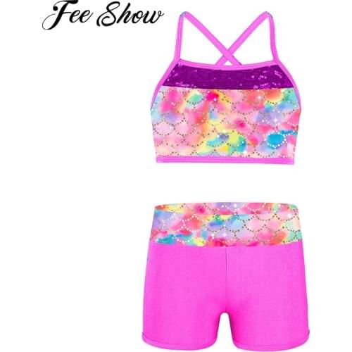 2-14 Years Toddler and Teen Girls Athletic Swimsuits Set Sleeveless Sequins Mermaid Tank Top with Shorts Set Kids Bathing Suit