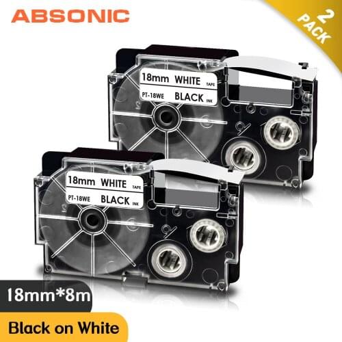 Absonic 2PK Black on White XR-18WE 18mm Label Tape Compatible for Casio KL-G2 KL-120 KL-130 KL-8200 KL-8800 KL-780 KL-820 Print