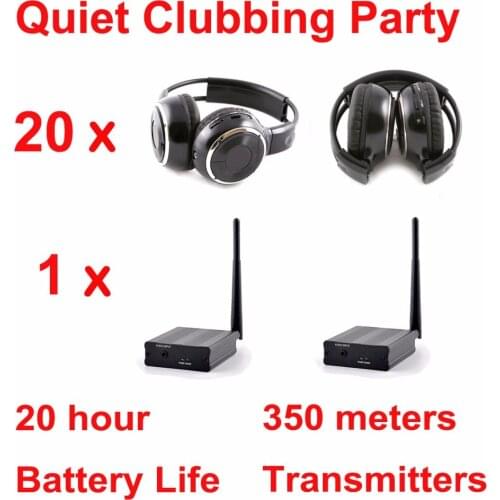 Silent Disco Compete System Black Folding Wireless Headphones - Quiet Clubbing Party Package (20 Headphones + 1 Transmitters)