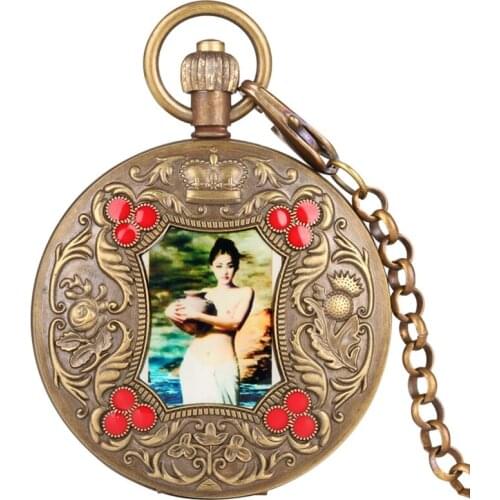 Elegant Beauty Arts Image Retro Mechanical Pocket Watch Tourbillon Top Luxury Pure Copper Chain Watch Souvenir Gift to Men Women