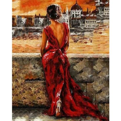 DIY Digital Painting By Numbers Package red girl by the river oil painting mural Kits Coloring Wall Art Picture Gift frameless