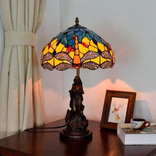 European Republic Retro Yellow Dragonfly Living Room Dining Room Bedroom Bedside Table Lamp Bar Tiffany Glass
