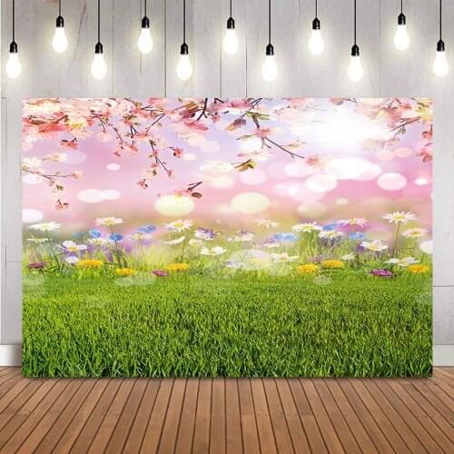 Photography Backdrop Spring Floral Newborn Kids Portrait Background for Photo Studio Bokeh Glitter Green Grass Vinyl Floor Props