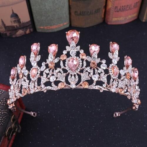 KMVEXO Luxury Pink Crystal Leaf Wedding Crown Queen Tiara Bride Crowns Headband Bridal Accessories Diadem Marriage Hair Ornament