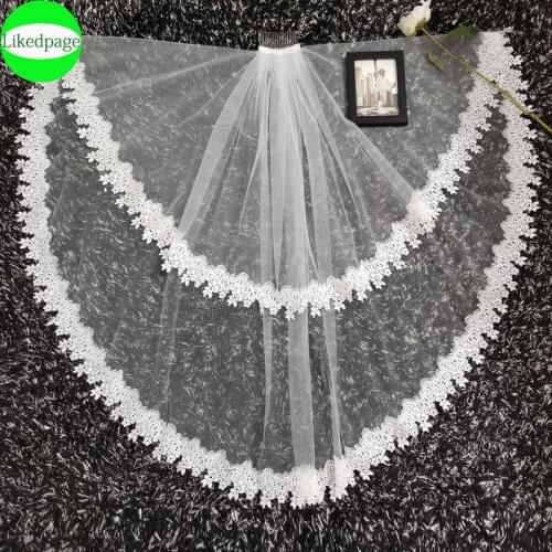 Short Wedding Bride Veil 2021 Two Layer Voile Mariage Welon Slubny Lace Edge Velo De Novia Sposa Weeding Accessoire Metal Comb