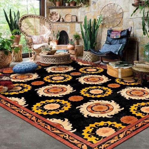 European Style Circle Flower Orange Yellow Red Black Ethnic Style Living Room Bedroom Bedside Carpet Floor Mat Non-slip Custom