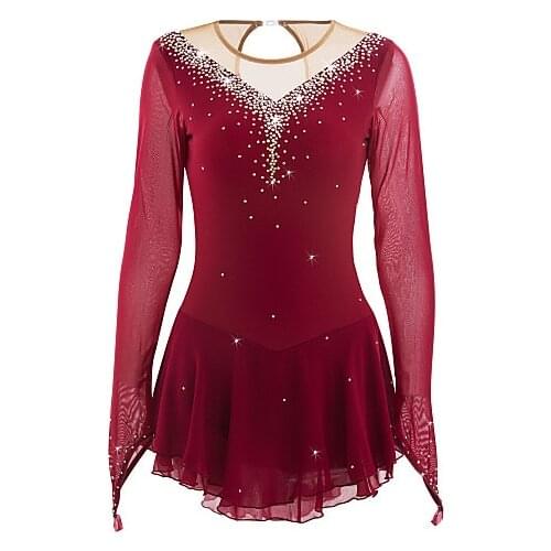 Red Figure Skating Dress Long-Sleeved Ice Skating Skirt Spandex Womens girls Ice Skating Dress