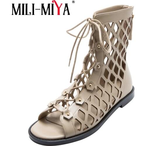 MILI-MIYA Fashion Hollow Women Cow Leather Cool Ankle Boots Lace Up Zipper Thick Heels Solid Color Plus Size 34-43 Handmade