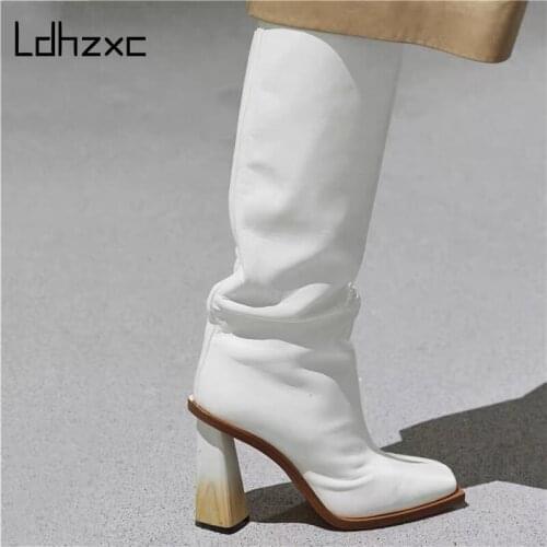 LDHZXC Fashion Elegant Square Toe Women High Winter Boots 2020 Comfortable High Heels Pumps Working Office Lady Shoes Woman