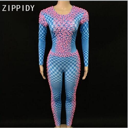 Birthday Party Outfit Women Singer Leggings New Pink Pearls Stones Blue Plaid Pattern Jumpsuits Spandex One Piece Womens