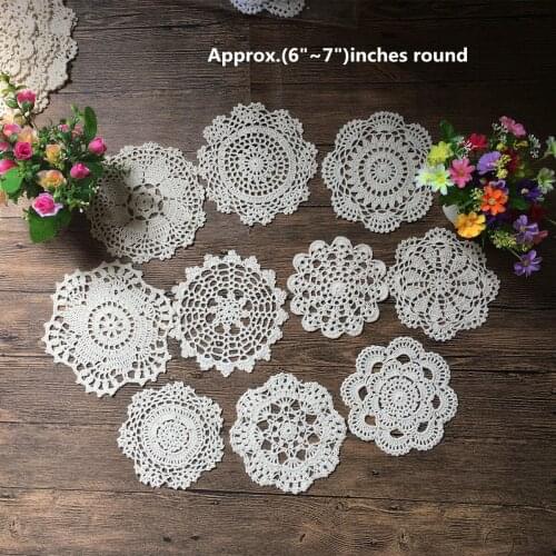 New 10Pcs 100% Cotton Hand Made Crochet Doilies Cup Mat Pad Coaster 10Vintage Crochet Motifs 6"~7"inches Round White Beige