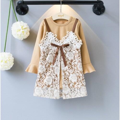 2017 New Autumn Fashion Dress Clothing Set Sweet Girls Long Sleeved T-shirts + White Lace Dress 2pcs Suits,kids Children Wear