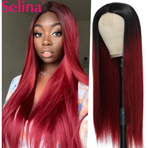 Ombre Burgundy Synthetic Wig Highlight Long Straight Natural Hairline Wig forWomen 99J Middle Part Heat Resistant Fiber Daily
